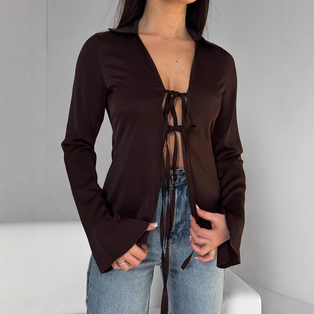Damen Elegante Bluse mit dekorativem Schnürdetail und weitem Arm Drune