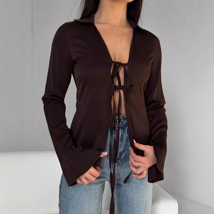Damen Elegante Bluse mit dekorativem Schnürdetail und weitem Arm Drune