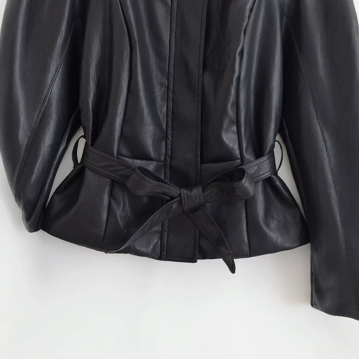 Damen Taillierte Lederoptik‑Jacke mit Bindegürtel und überschnittenen Ärmeln Drune