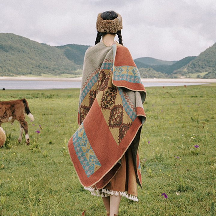 Damen Jacquard-Poncho-Cape mit Ethno-Muster und Wollmix Drune