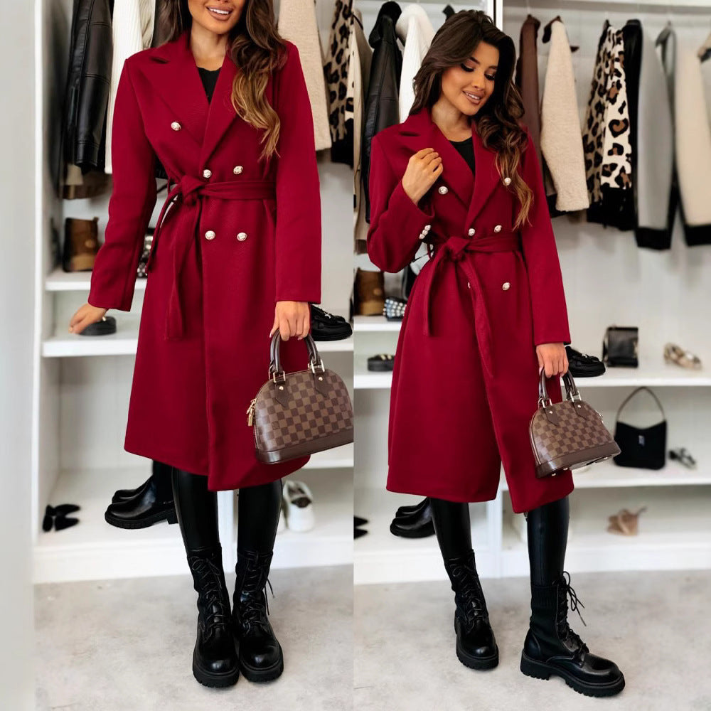 Damen Eleganter Trenchcoat mit taillierbarem Gürtel und Doppelreiher Drune