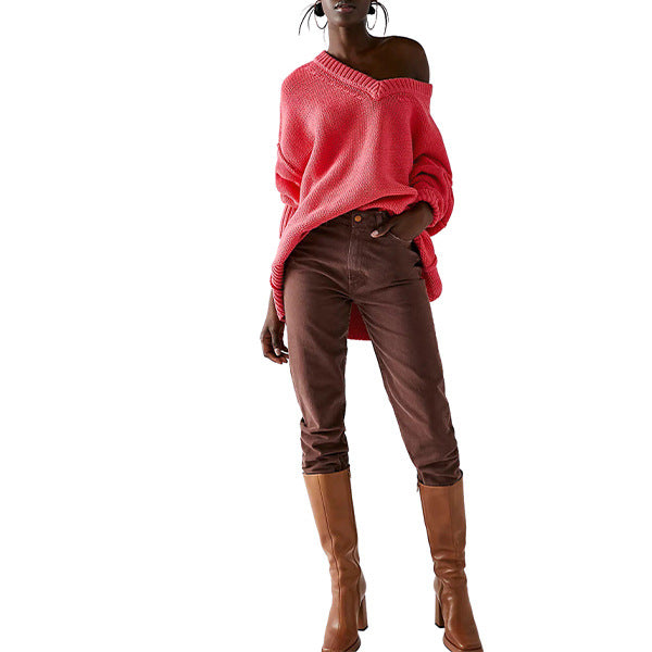 Damen V-Ausschnitt Oversized Pullover mit strukturiertem Strickmuster Drune