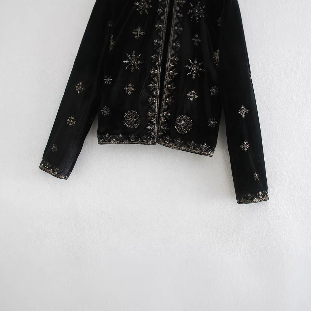 Damen Kurze bestickte Samtjacke mit Perlen- und Paillettenverzierung Drune