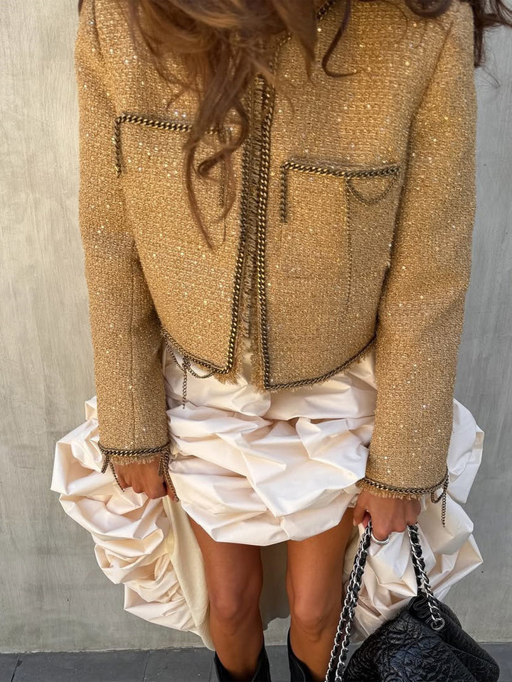 Damen Kurze Bouclé-Jacke mit Kettenbesatz und Pailletten-Detail Drune