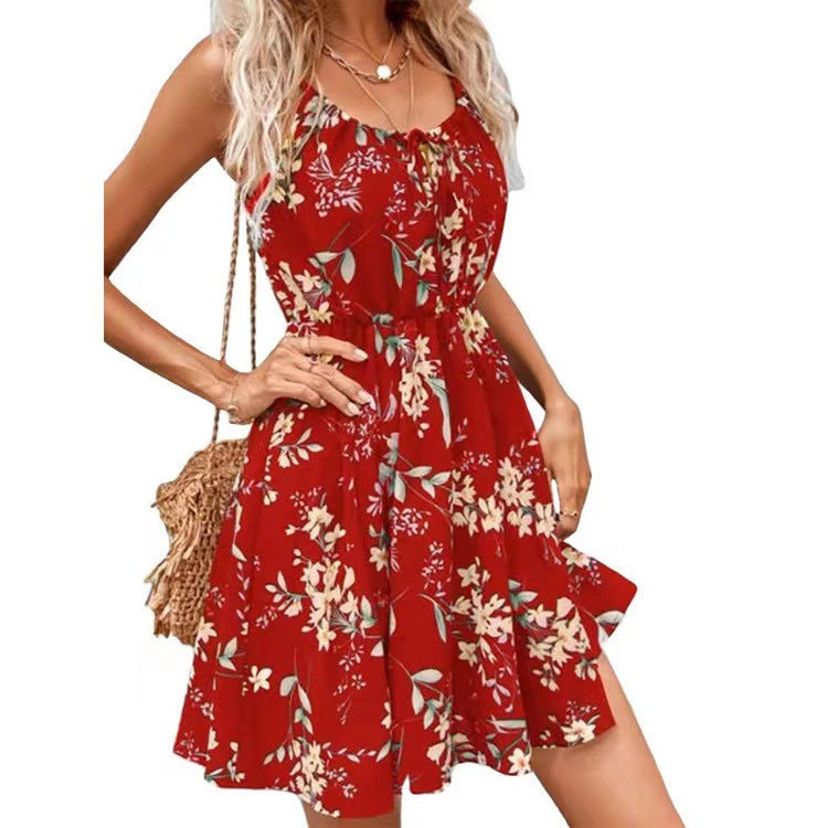 Damen Blumenkleid mit verstellbaren Spaghettiträgern und elastischem Taillenbund Drune