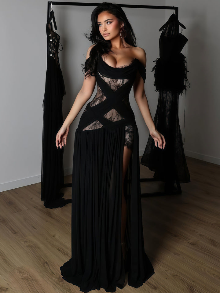 Damen Elegantes Spitzenkleid mit tiefem Schlitz und trägerlosem Schnitt Drune
