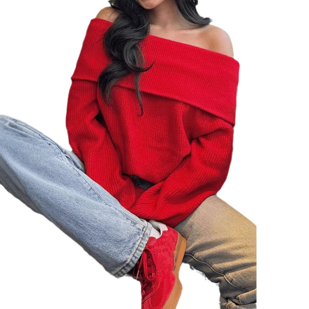 Damen Off-Shoulder Kuschel-Feinstrickpullover mit weitem Umschlagkragen und langen Ärmeln Drune