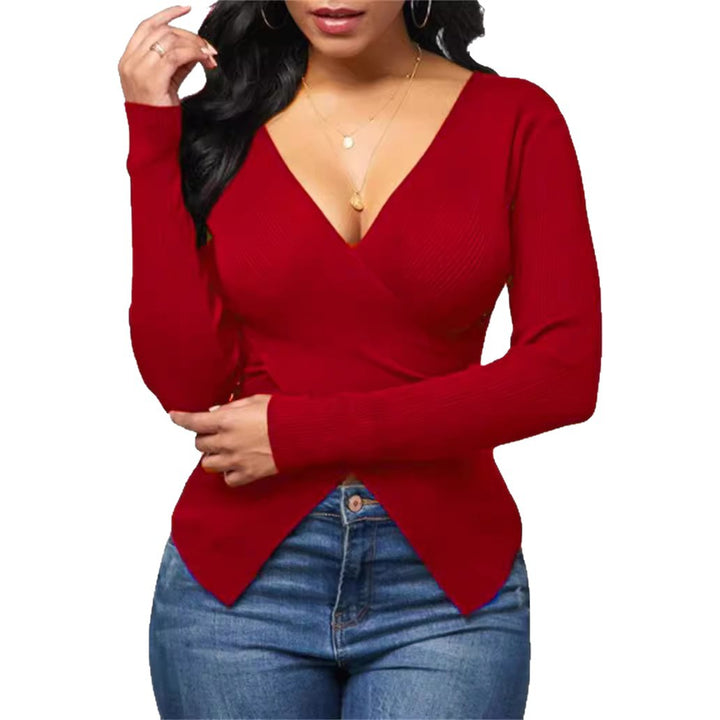 Damen elegantes Wickeloberteil mit strukturiertem Rippstoff und tiefem V-Ausschnitt Drune
