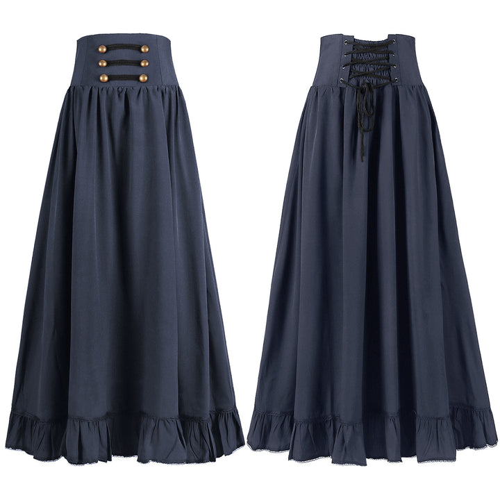 Damen nan langer Highwaist Rock mit Korsettbund, Volantsaum und dekorativen Knöpfen Drune
