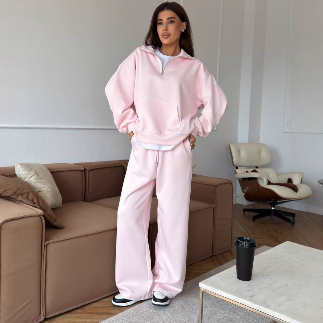 Damen Bequeme und elegante Langarm-Pullover mit Reißverschluss und weiten Jogginghose Drune