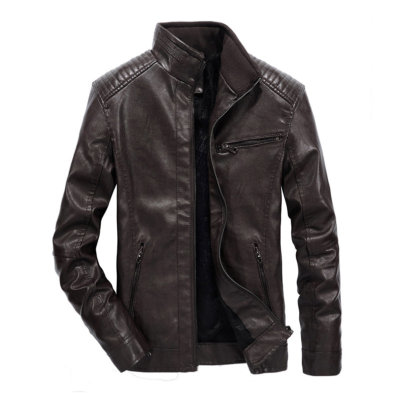Herren Slim-Fit Motorradblouson aus Lederimitat mit Stehkragen und Reißverschlusstaschen Drune