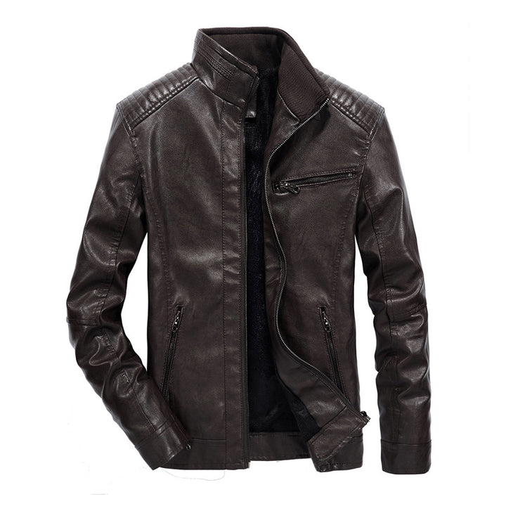 Herren Slim-Fit Motorradblouson aus Lederimitat mit Stehkragen und Reißverschlusstaschen Drune