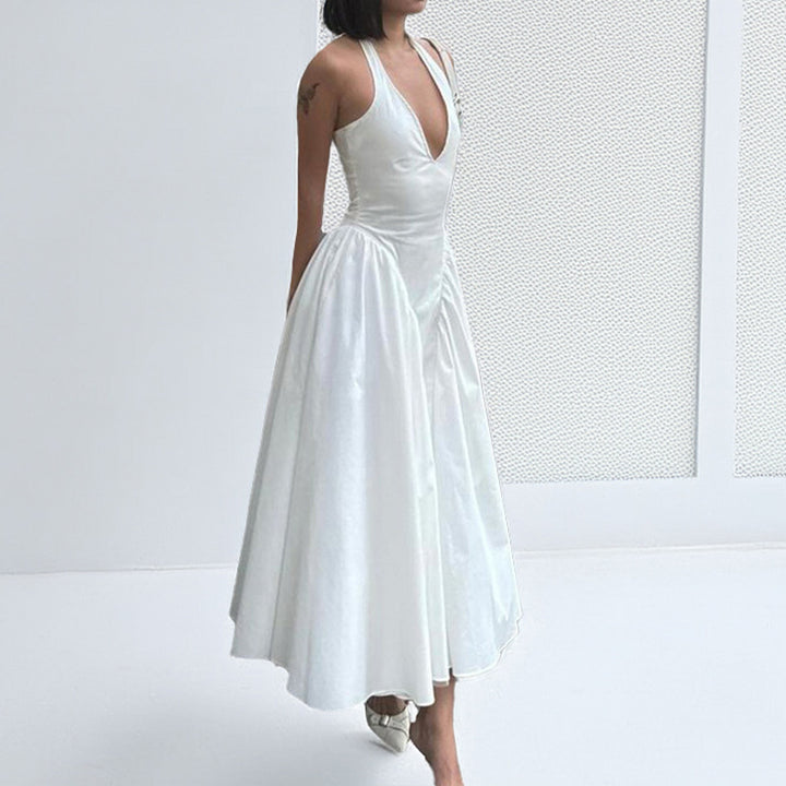 Damen Abendkleid mit tiefem V-Ausschnitt und voluminösem Rock Drune