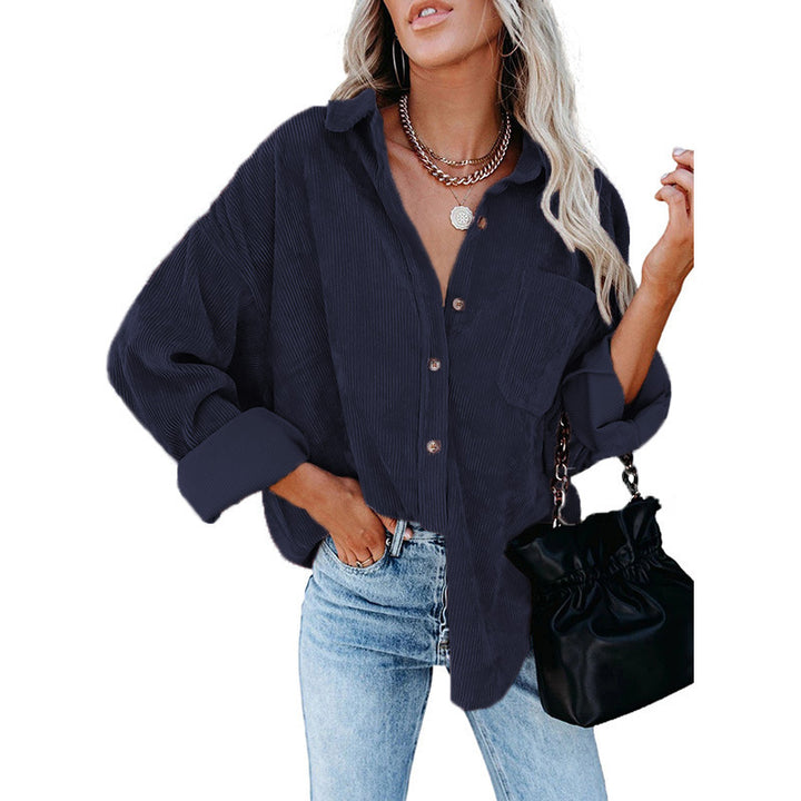 Damen Oversize Cordhemdjacke mit Brusttasche und durchgehender Knopfleiste Drune