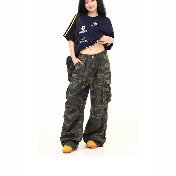 Damen Cargo-Hose mit weitem Bein und camouflagemuster Drune