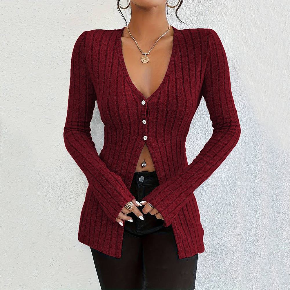 Damen gerippter V-Ausschnitt-Cardigan mit Knopfleiste taillierter Longline-Silhouette Drune