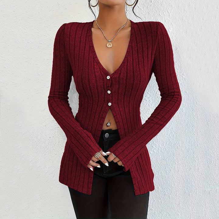 Damen gerippter V-Ausschnitt-Cardigan mit Knopfleiste taillierter Longline-Silhouette Drune