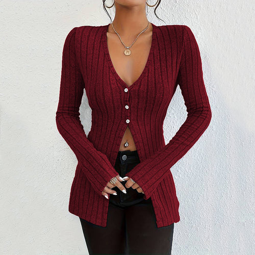 Damen gerippter V-Ausschnitt-Cardigan mit Knopfleiste taillierter Longline-Silhouette Drune