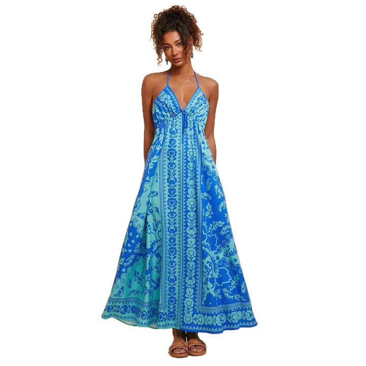 Damen Maxikleid mit tiefem V-Ausschnitt und floralen Musterdetails Drune
