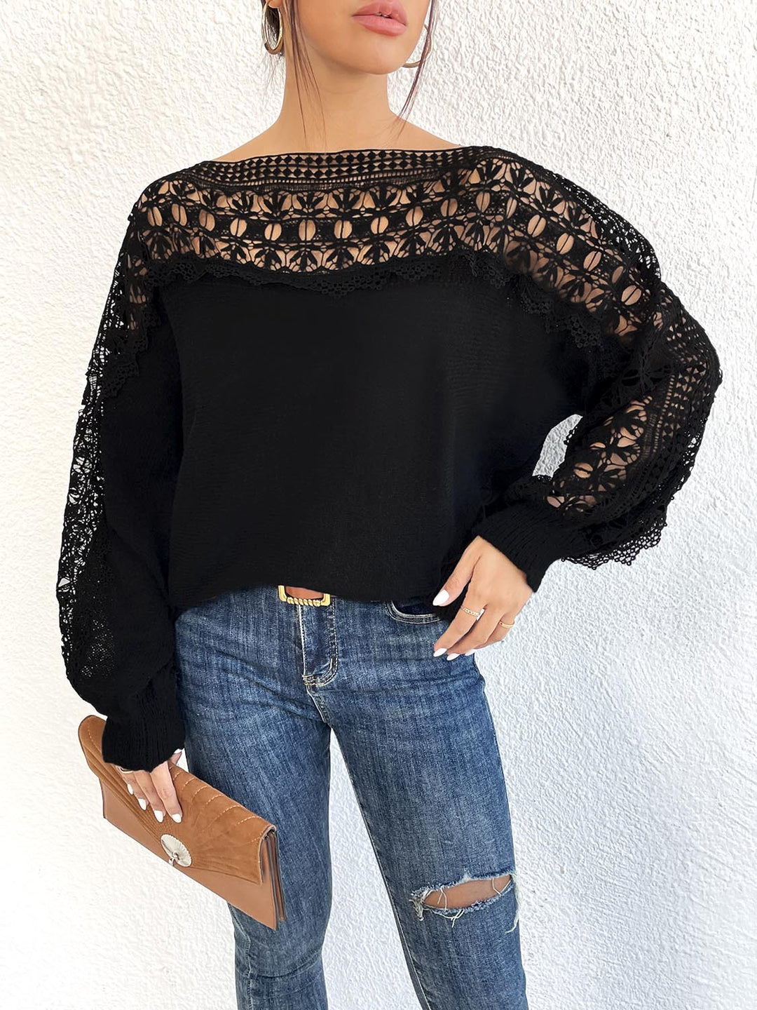 Damen lässiger Pullover mit einzigartigem Häkel-Ausschnitt Drune