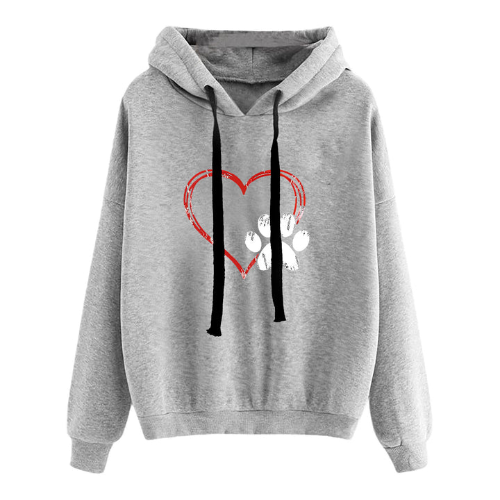 Damen nan lässiger Oversize Kapuzenpullover mit Herz‑und‑Pfotenprint, Kordelzug und gerippten Bündchen Drune