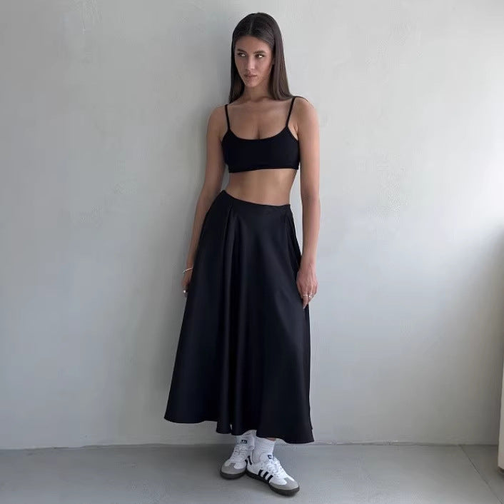 Damen Fließender Satin-Midirock mit hohem Bund und Tellerfalten Drune