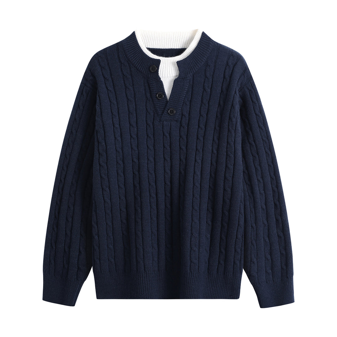 Damen Oversize Zopfstrick-Pullover mit Henley‑Kragen und Kontrastinnenkragen Drune