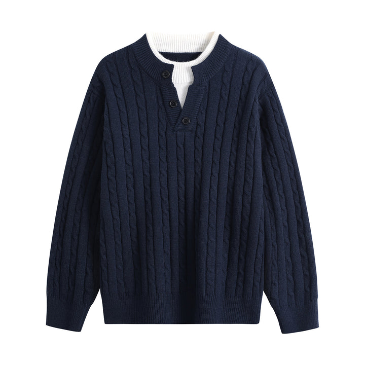 Damen Oversize Zopfstrick-Pullover mit Henley‑Kragen und Kontrastinnenkragen Drune