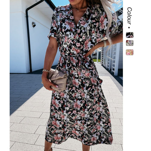 Damen Wickelkleid mit floralem Muster und Taillengürtel Drune