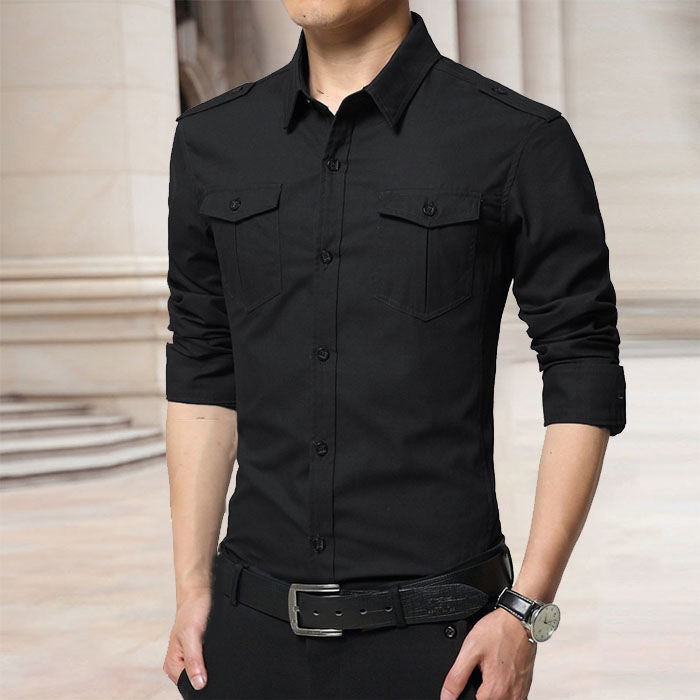 Herren Slim-Fit Baumwoll-Mix Utility-Hemd mit Schulterklappen und Brustpattentaschen Drune
