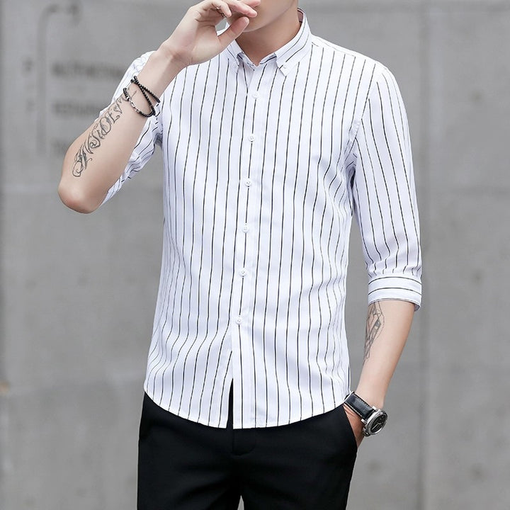 Herren Gestreiftes Button-Down-Hemd mit Kentkragen und Dreiviertelärmeln in tailliertem Casual-Schnitt Drune