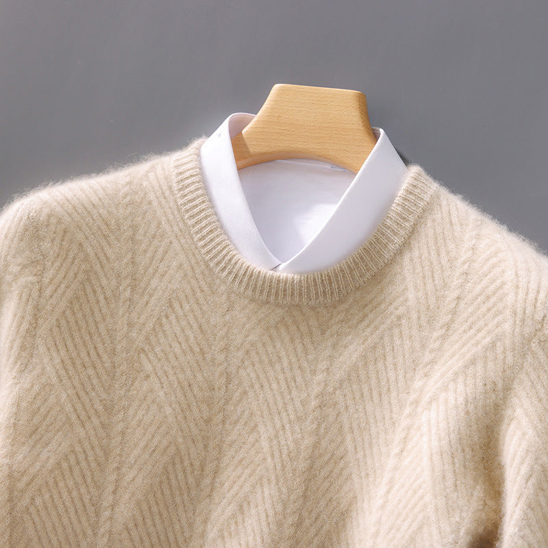 Herren strukturierter Rundhalspullover aus weichem Wollmix mit Chevron‑Strick Drune