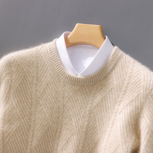 Herren strukturierter Rundhalspullover aus weichem Wollmix mit Chevron‑Strick Drune