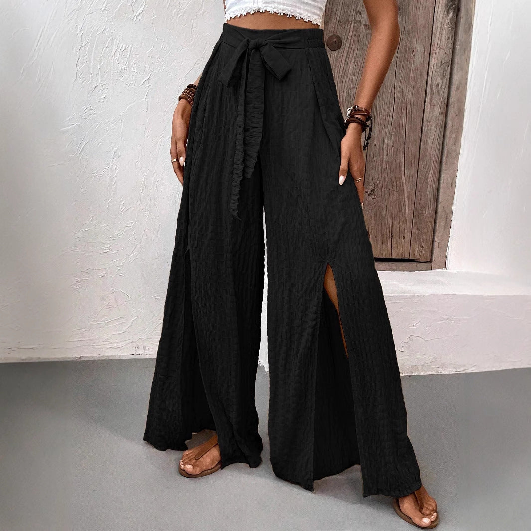 Damen elegante weite Sommerhose mit seitlichen Schlitz und Bindegürtel Drune
