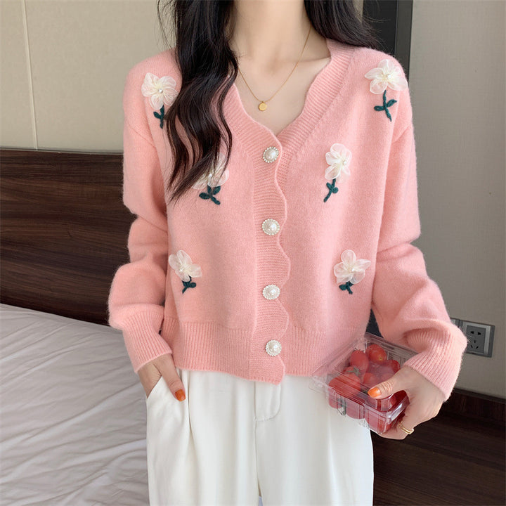 Damen verspielte Strickjacke mit Blumenstickerei und Perlenknöpfen Drune