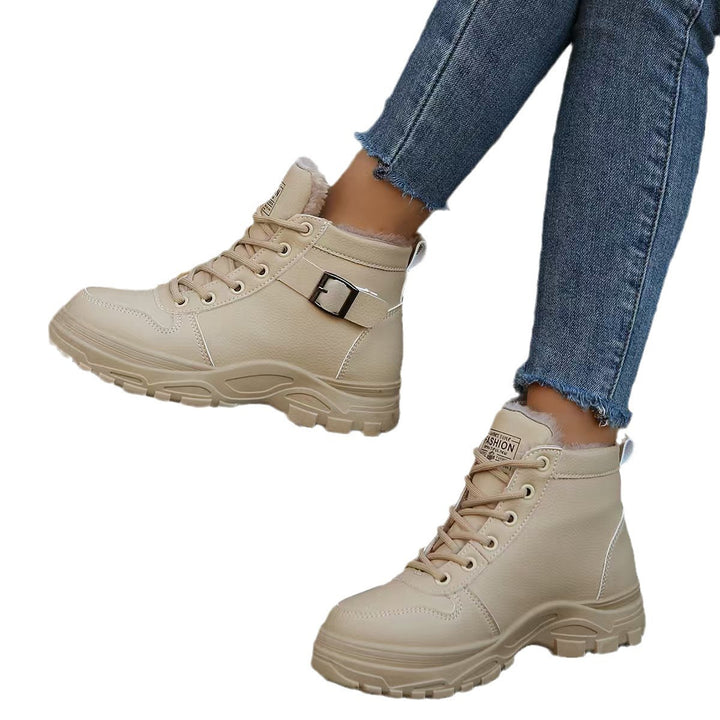 Damen  gefütterte Plateau-Schnürstiefelette mit dekorativer Metallschnalle und profilierter Gummilaufsohle Drune