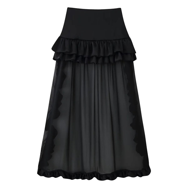 Damen nan Maxirock mit hoher Taille, mehrlagigen Volants und transparentem Tüll-Overlay Drune