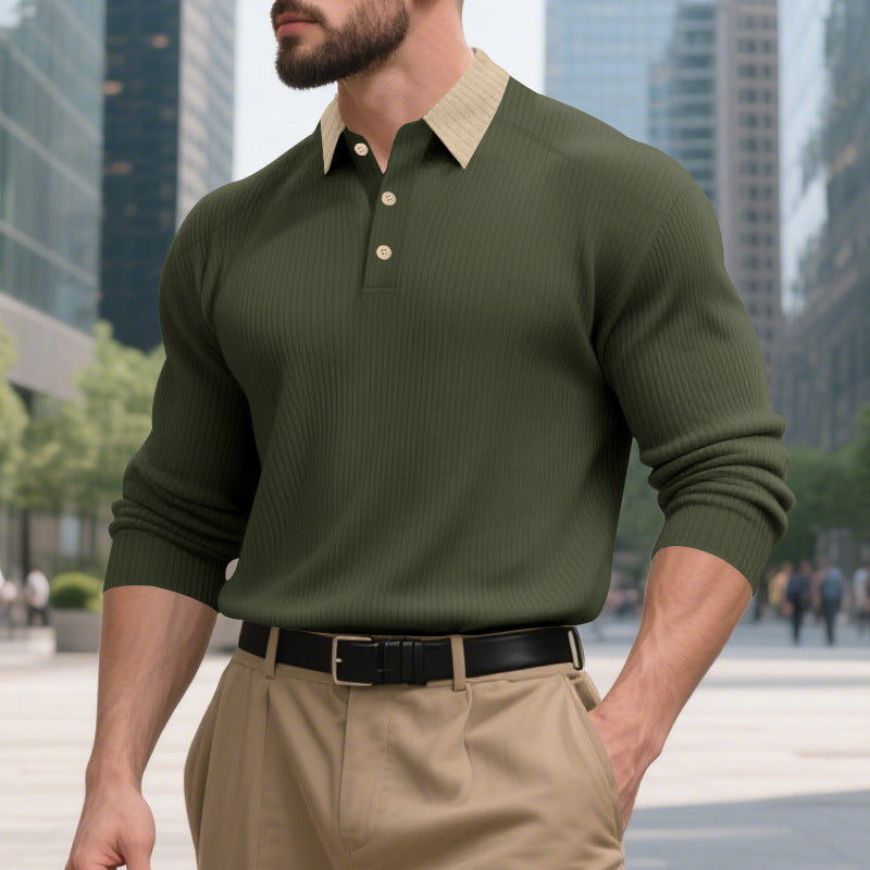 Herren elegantes Langarm-Polohemd mit strukturiertem Design und modischem Kragen Drune