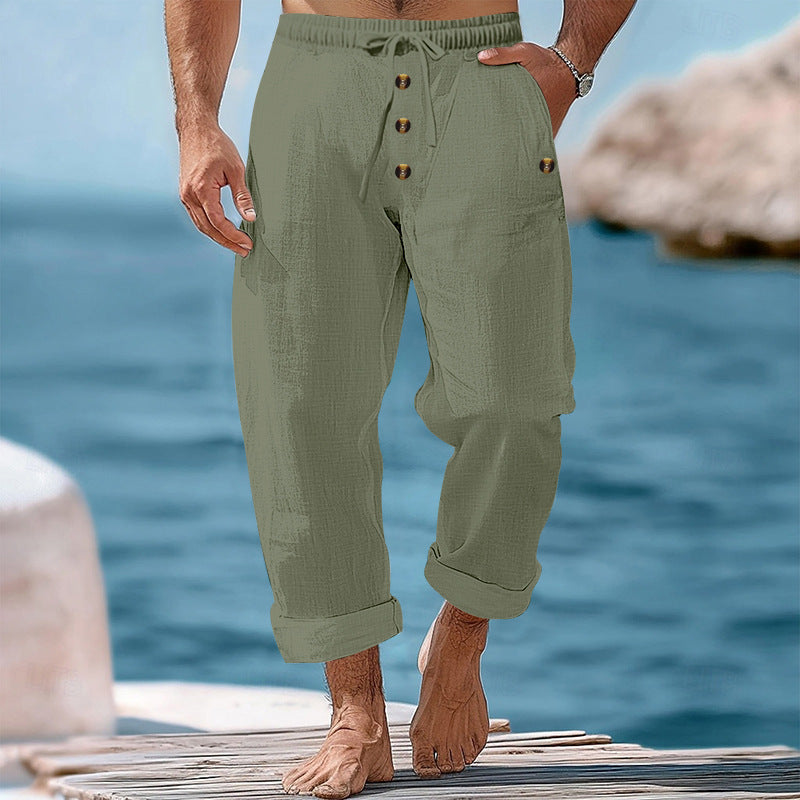 Herren nan lockere Leinen-Baumwoll-Hose mit elastischem Bund, Kordelzug und aufgekrempeltem Saum Drune