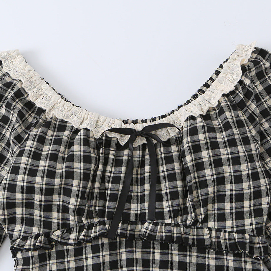 Damen Karierte Carmen-Bluse mit Rüschenkragen, Bindebändern und geraffter Cropped-Silhouette Drune