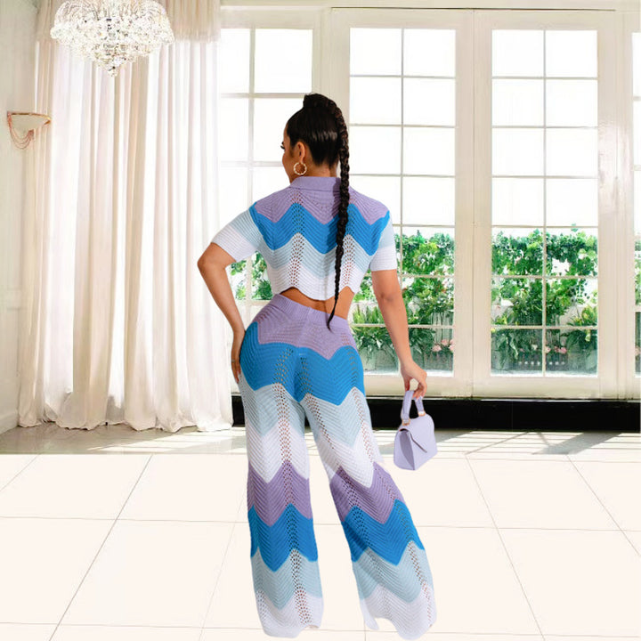 Damen Set aus gehäkeltem Crop-Top und weitem Palazzo-Hosen Drune
