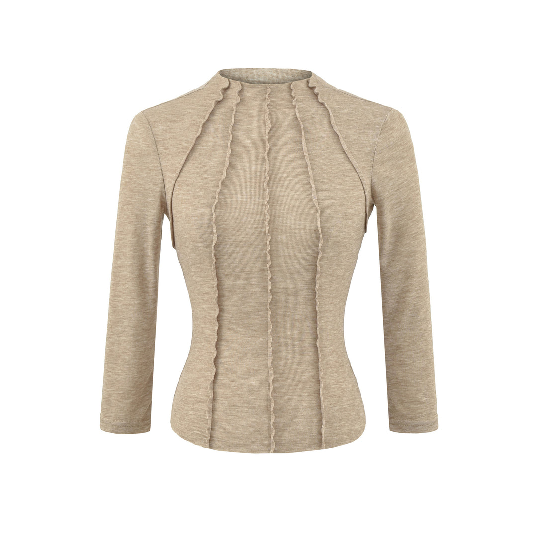 Damen Figurbetontes Langarmshirt mit Stehkragen und Zier-Volants Drune