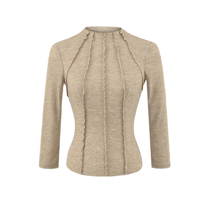 Damen Figurbetontes Langarmshirt mit Stehkragen und Zier-Volants Drune