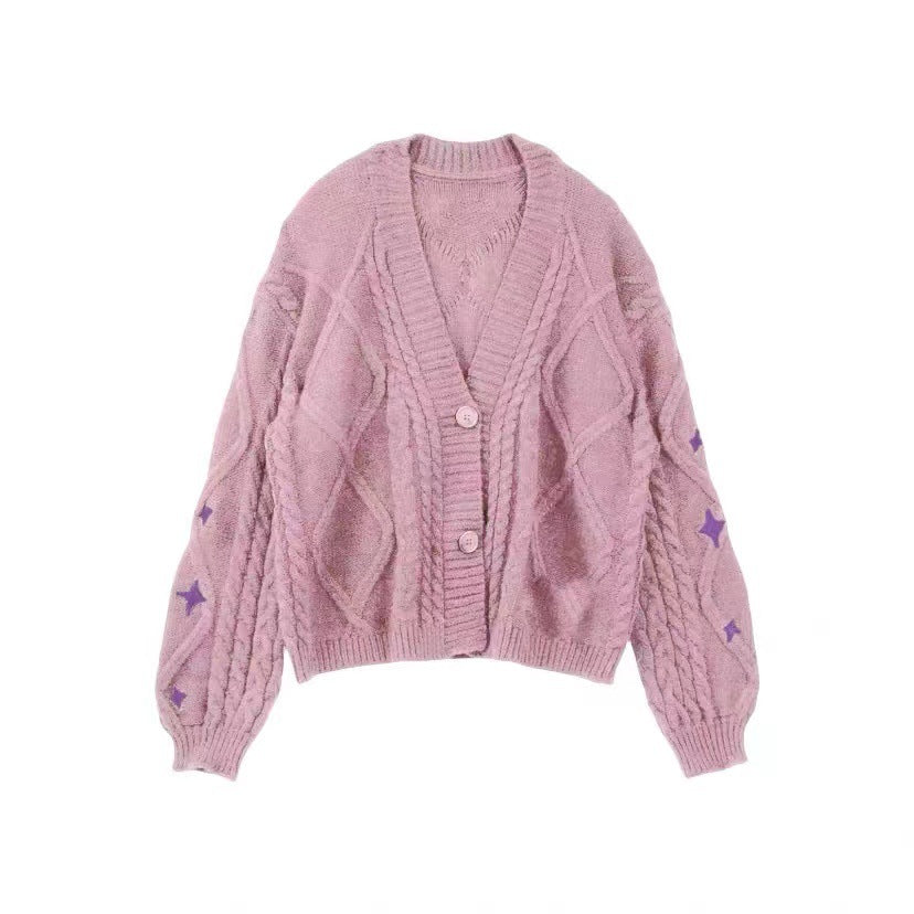 Damen nan oversize Strickcardigan mit Zopfmuster und Sternapplikationen V-Ausschnitt Knopfleiste Drune