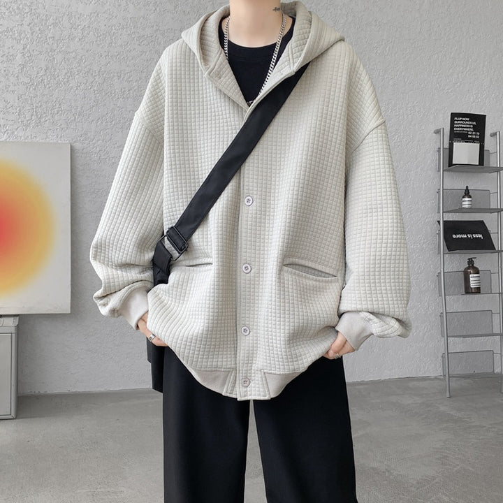 Herren Oversize-Stepp-Kapuzenjacke mit Waffelstruktur, Knopfleiste und Eingrifftaschen Drune