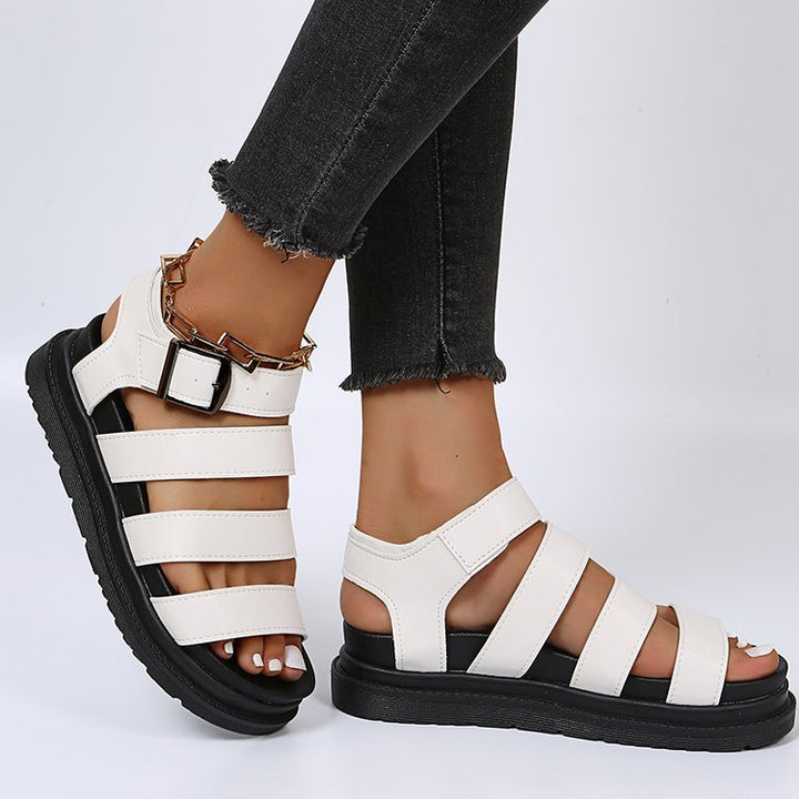Damen Plateausandalen mit vier Riemen und verstellbarer Metallschnalle Drune