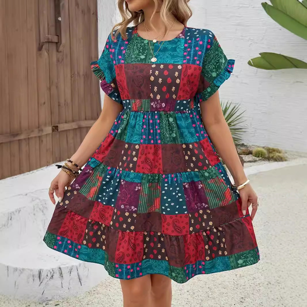 Damen Lockeres Kurzarmkleid mit patchworkartigem Design Drune