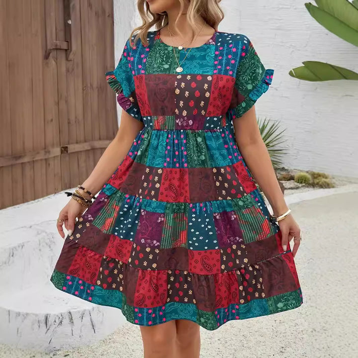 Damen Lockeres Kurzarmkleid mit patchworkartigem Design Drune