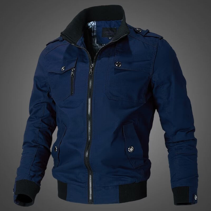Herren nan taillierte Canvas-Bomberjacke mit Stehkragen, Reißverschlussfront, Schulterpatten und funktionalen Taschen Drune