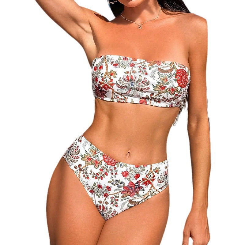 Damen Bandeau-Bikini mit hochgeschnittenem Slip und floralen Akzenten Drune